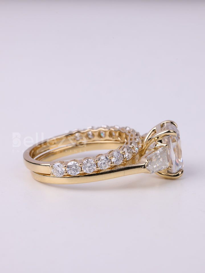 1.50CT Elongated Cushion Cut Three Stone Moissanite Bridal Ring Set