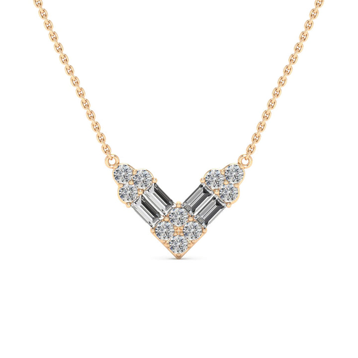 Round & Baguette Cut Diamond Moissanite V Shape Necklace For Women