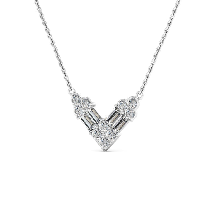 Round & Baguette Cut Diamond Moissanite V Shape Necklace For Women