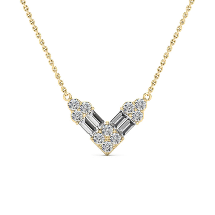 Round & Baguette Cut Diamond Moissanite V Shape Necklace For Women