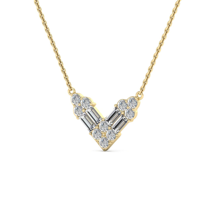 Round & Baguette Cut Diamond Moissanite V Shape Necklace For Women