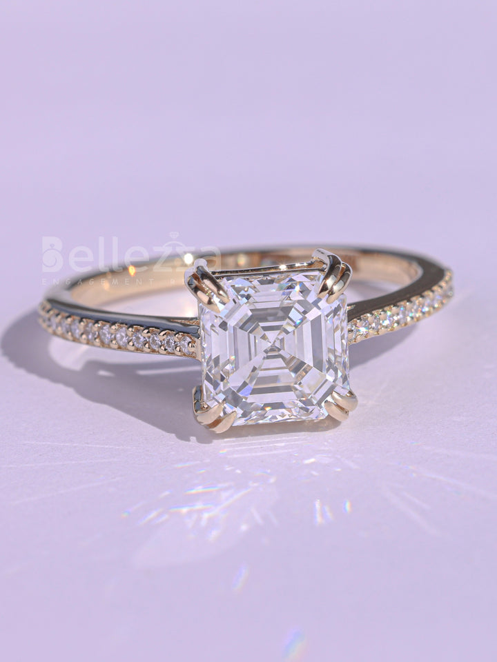 1.0CT Asscher Cut Pave Setting Moissanite Engagement Ring