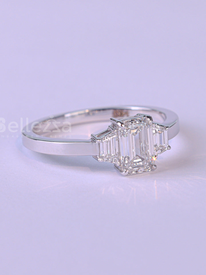2.0CT Emerald Cut Diamond Three Stone Moissanite Engagement Ring