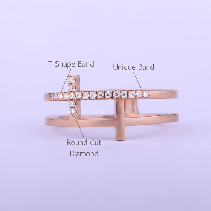 Round Cut Diamond T Shape Moissanite Wedding Band