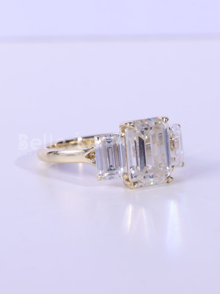 2.0CT-3.0CT Emerald Cut Three Stone Moissanite Engagement Ring