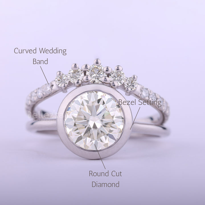 1.50CT ROund Cut Bezel Setting Curved Moissanite Bridal Ring Set
