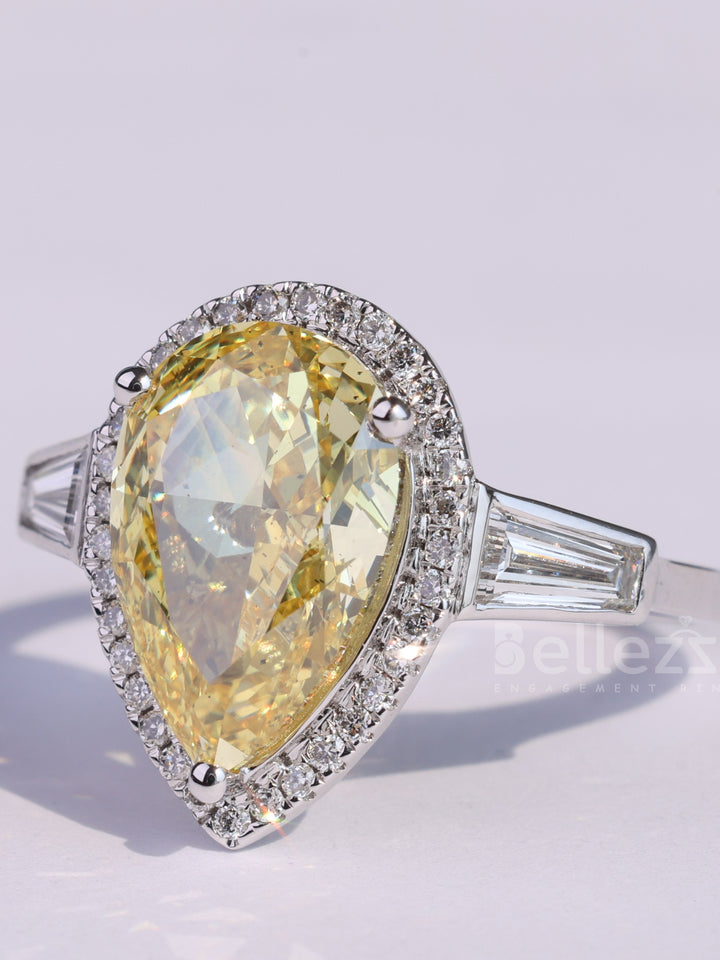 4.0CT Yellow Pear Cut Halo Set Three Stone Moissanite Engagement Ring