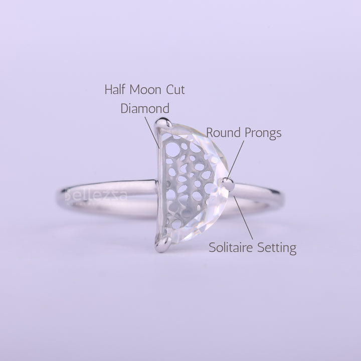 Half Moon Cut Diamond Solitaire Moissanite Engagement Ring