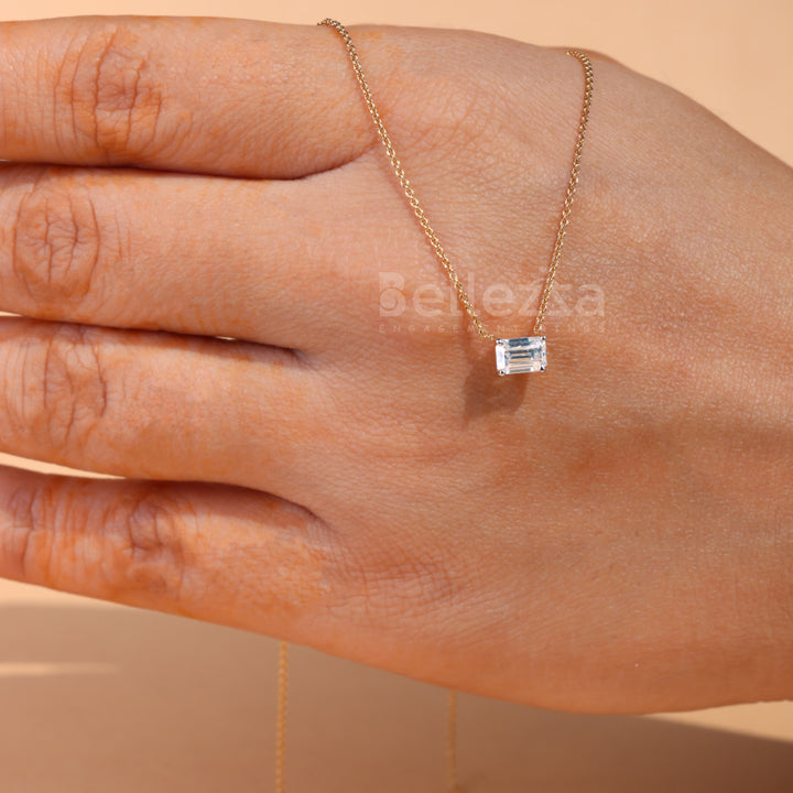 East West Emerald Diamond Moissanite Solitaire Necklace - Ready to Ship