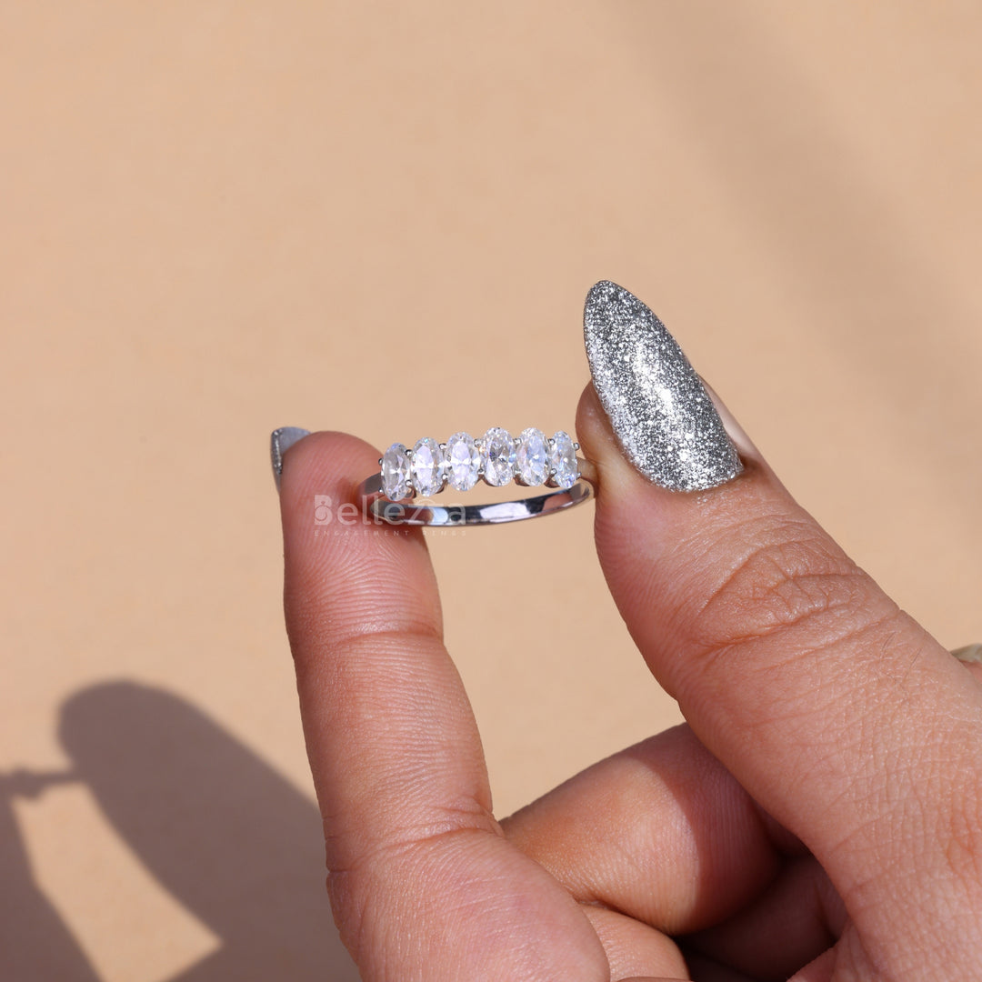 1.20TCW Oval Cut Six Diamond Moissanite Wedding Band - Ready To Ship