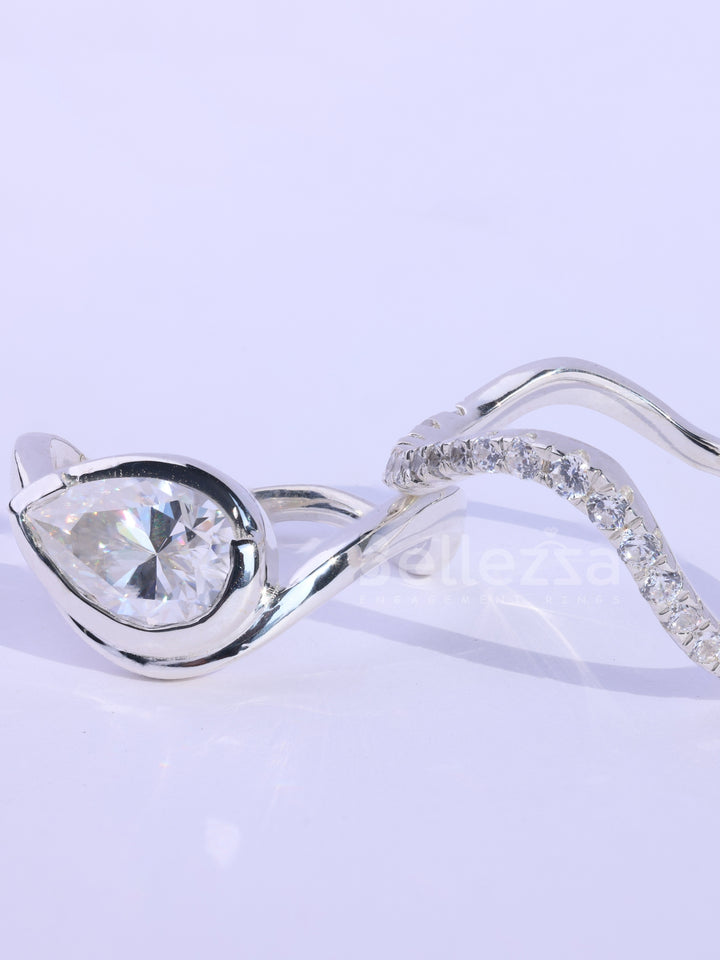 Pear Cut Unique Curved Moissanite Pave Set Engagement Ring Set