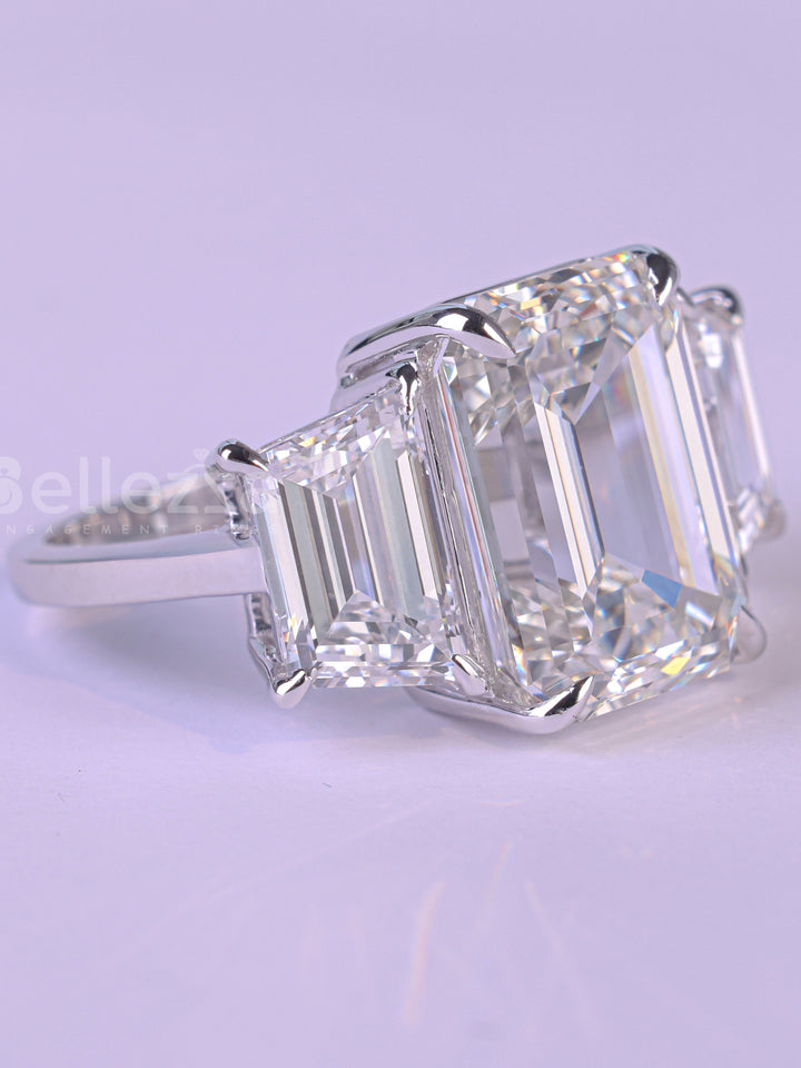 3.0CT Emerald Cut Three Stone Moissanite Engagement Ring