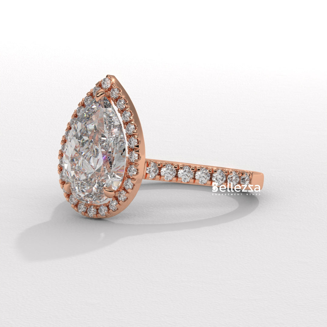 1.50-2.50CT Pear Cut CVD Diamond Halo Pave Setting Engagement Ring