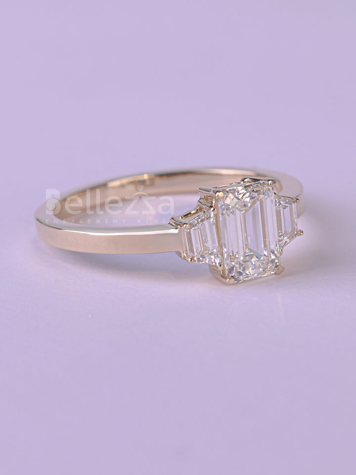 2.0CT Emerald Cut Three Stone Moissanite Engagement Ring