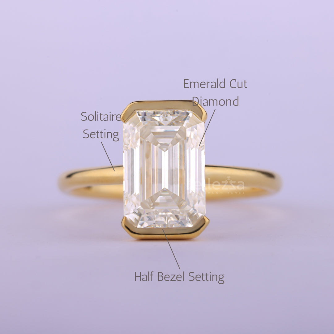 1.50CT Emerald Cut Half Bezel Set Solitaire Engagement Ring