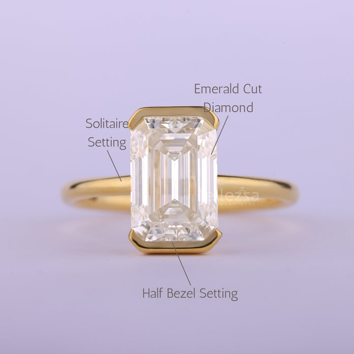 1.50CT Emerald Cut Half Bezel Set Solitaire Engagement Ring