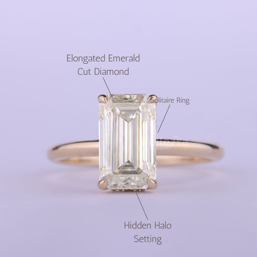 2.0CT Elongated Emerald Cut Hidden Halo Engagement Ring