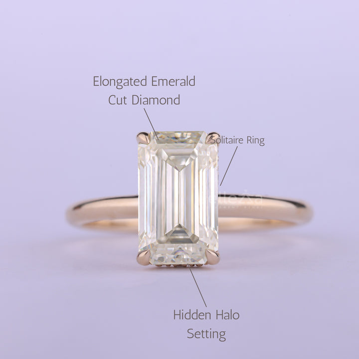 2.0CT Elongated Emerald Cut Hidden Halo Engagement Ring