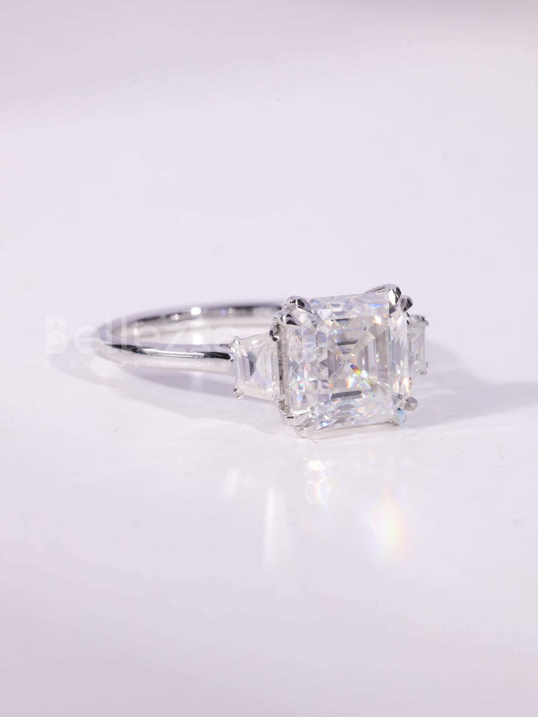 2.0CT-4.0CT Asscher Cut Three Stone Moissanite Engagement Ring