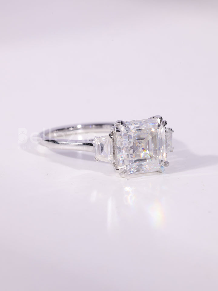 2.0CT-4.0CT Asscher Cut Three Stone Moissanite Engagement Ring