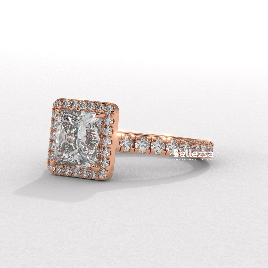 1.0-2.0CT Princess Cut Halo Pave Lab Grown Engagement Ring