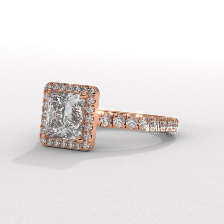 1.0-2.0CT Princess Cut Halo Pave Lab Grown Engagement Ring