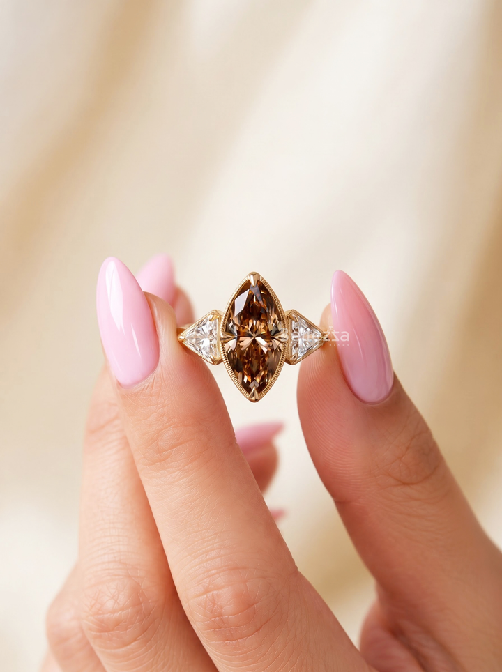 2.0CT Brown Marquise Lab Grown Diamond Three Stone Engagement Ring