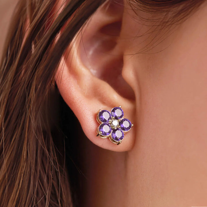 1.45TCW Round Floral Amethyst Moissanite February Birthstone Stud Earrings