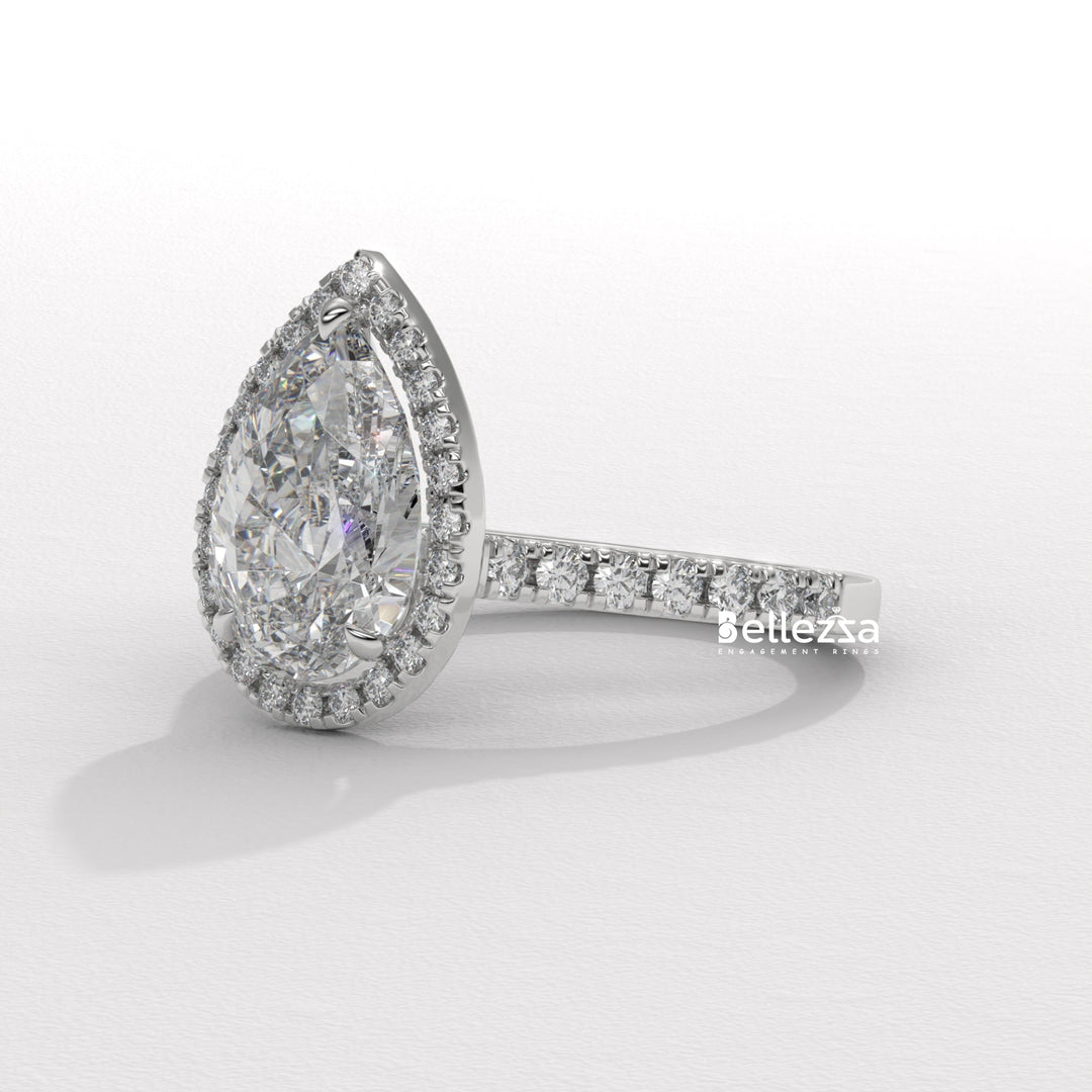 1.50-2.50CT Pear Cut CVD Diamond Halo Pave Setting Engagement Ring