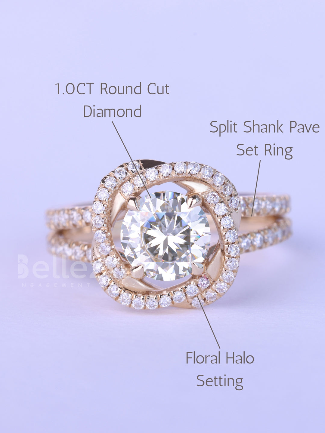 1.0CT Round Cut Floral Halo Moissanite Engagement Ring