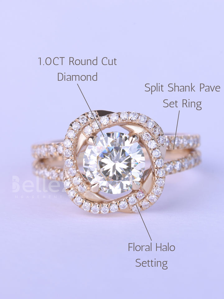 1.0CT Round Cut Floral Halo Moissanite Engagement Ring