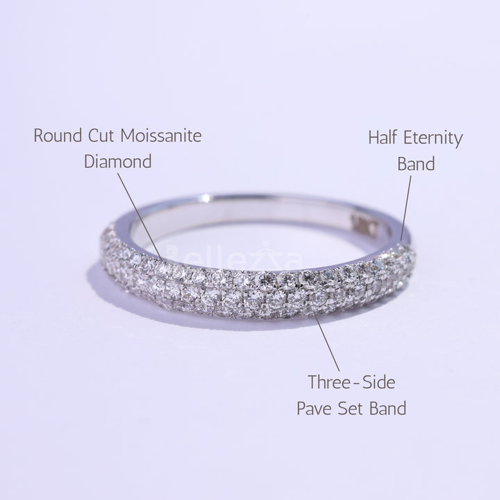 Round Cut Three Side Pave Setting Moissanite Wedding Band