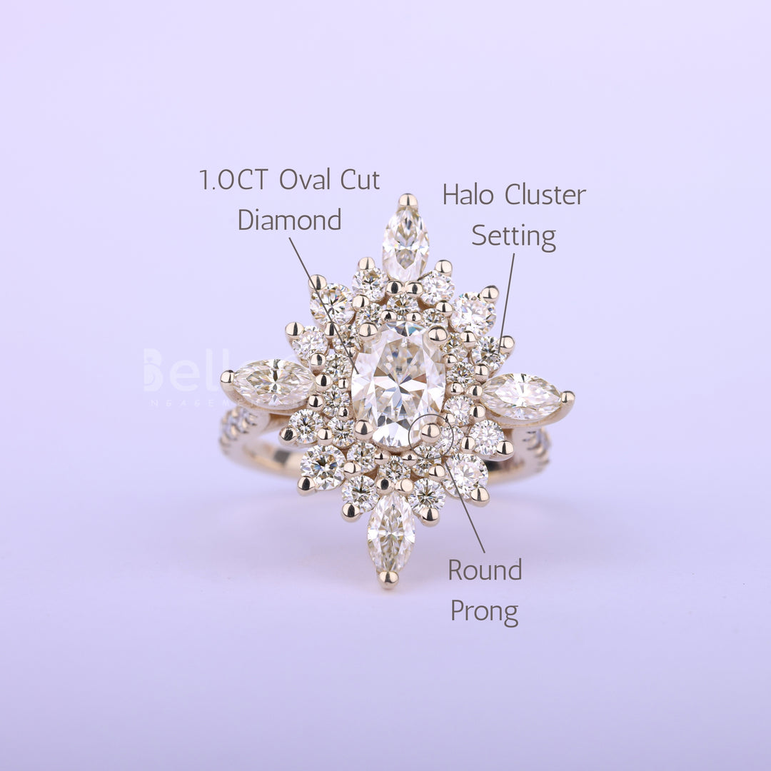 1.0CT Oval Cut Halo Cluster Diamond Moissanite Engagement Ring