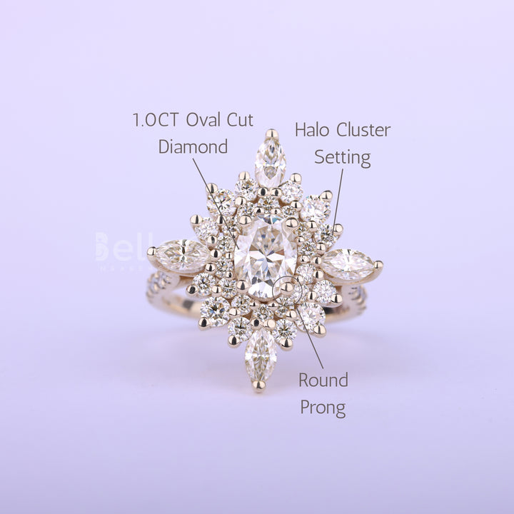 1.0CT Oval Cut Halo Cluster Diamond Moissanite Engagement Ring