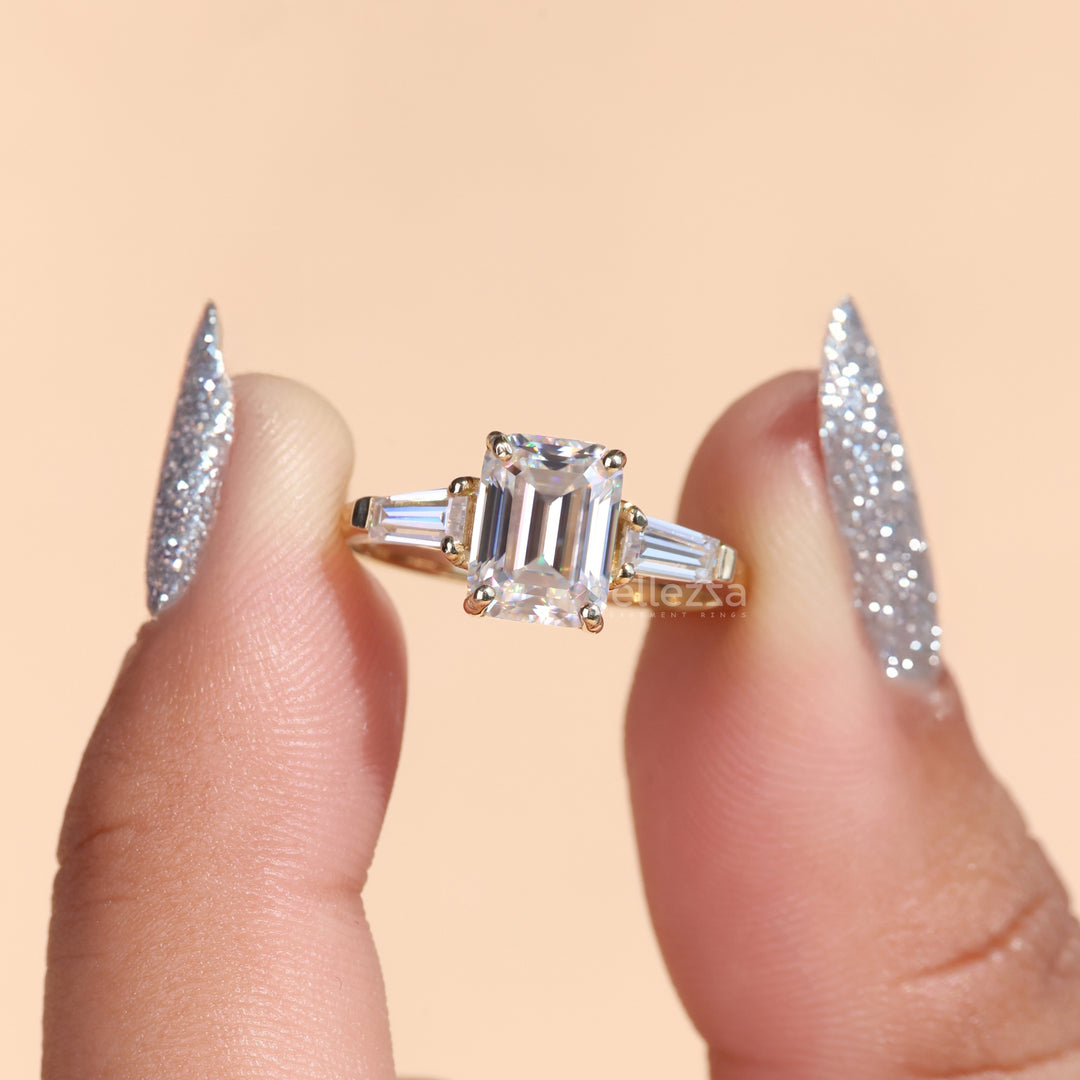 1.75CT Emerald Cut Three Stone Moissanite Engagement Ring - Ready To Ship