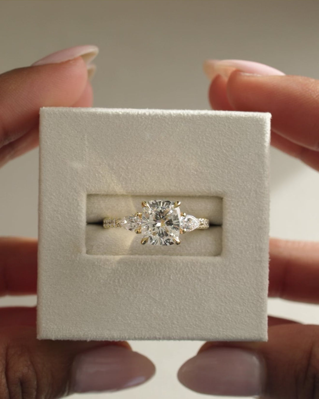 1.0 CT Cushion Cut Three Stone Pave Moissanite Engagement Ring