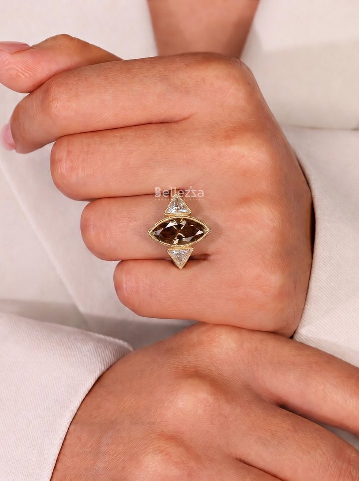 2.0CT Brown Marquise Lab Grown Diamond Three Stone Engagement Ring
