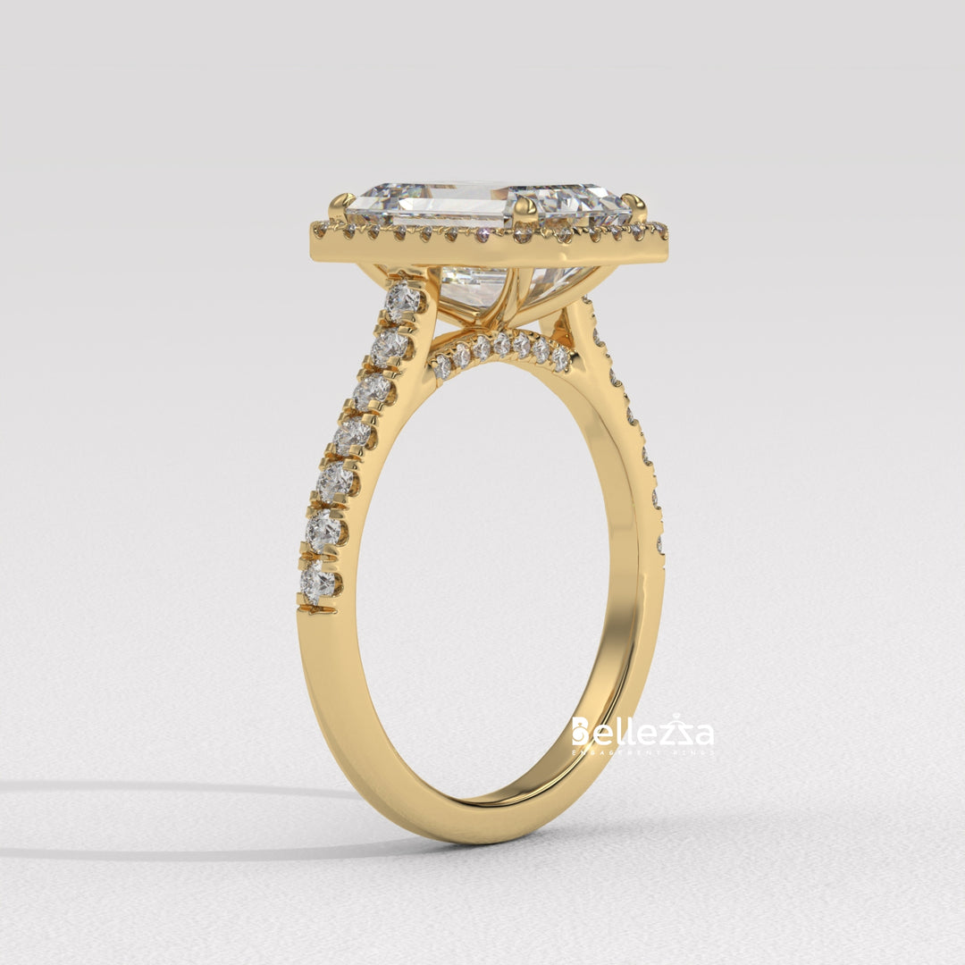 1.50-2.0CT Emerald Cut Halo Pave Setting CVD Diamond Engagement Ring