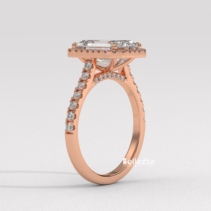 1.50-2.0CT Emerald Cut Halo Pave Setting CVD Diamond Engagement Ring