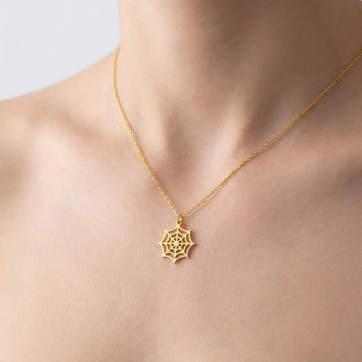 14K Spider Web Pendant Necklace for Women