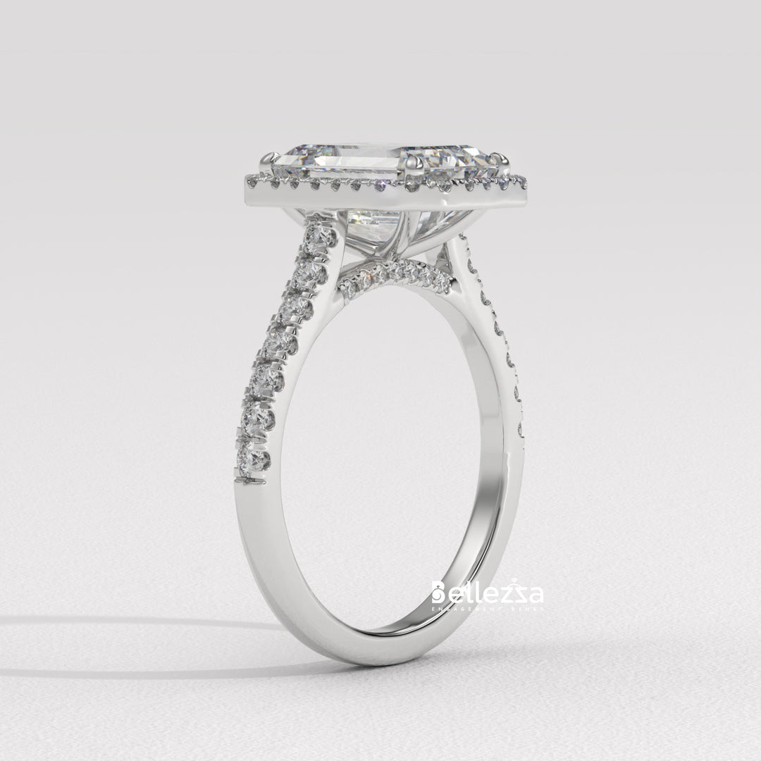 1.50-2.0CT Emerald Cut Halo Pave Setting CVD Diamond Engagement Ring