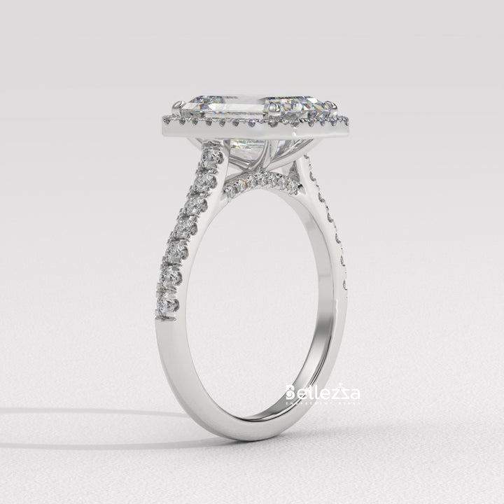 1.50-2.0CT Emerald Cut Halo Pave Setting CVD Diamond Engagement Ring