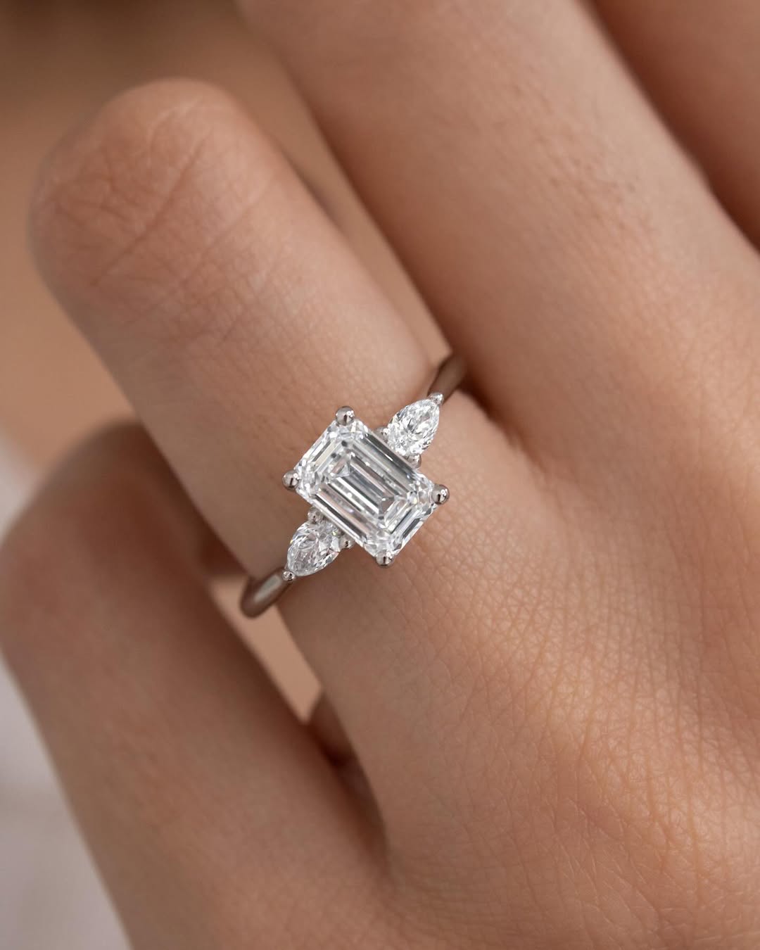 1.20 - 3.20 CT Emerald  Lab Grown Diamond Three Stone Style Engagement Ring