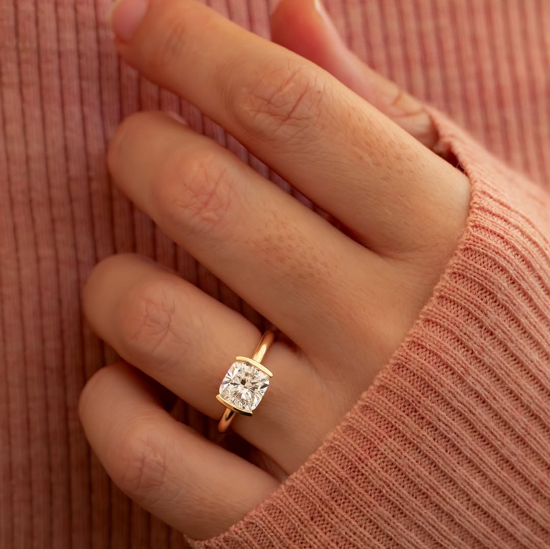 1.0-3.0CT Cushion  Lab Grown Diamond Half Bezel Style Engagement Ring