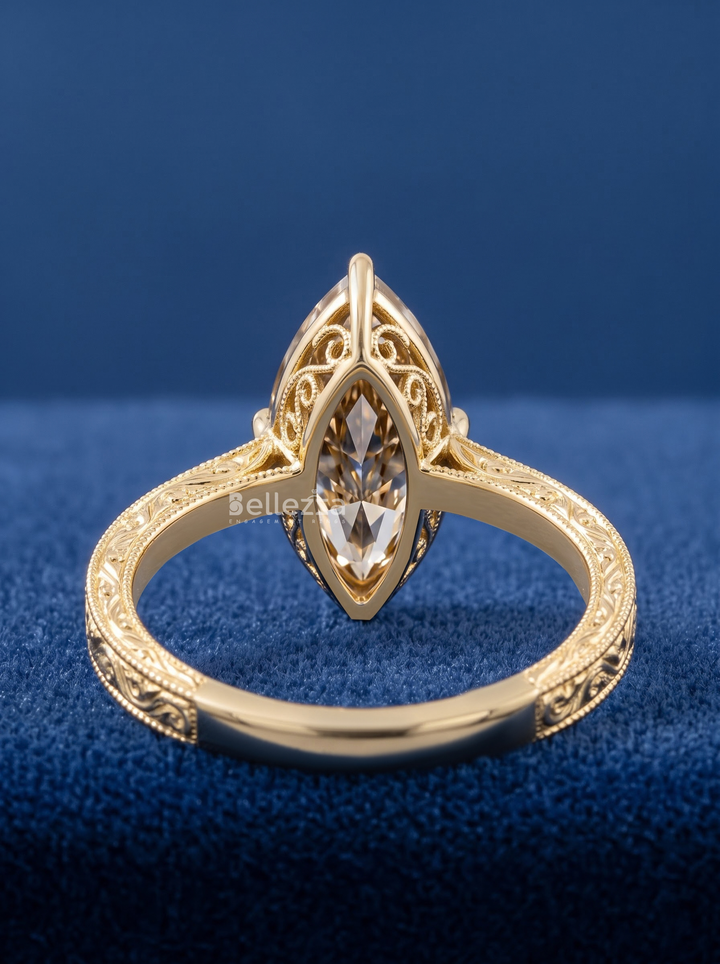 3.0CT Brown Marquise Lab Grown Diamond Engraved Engagement Ring