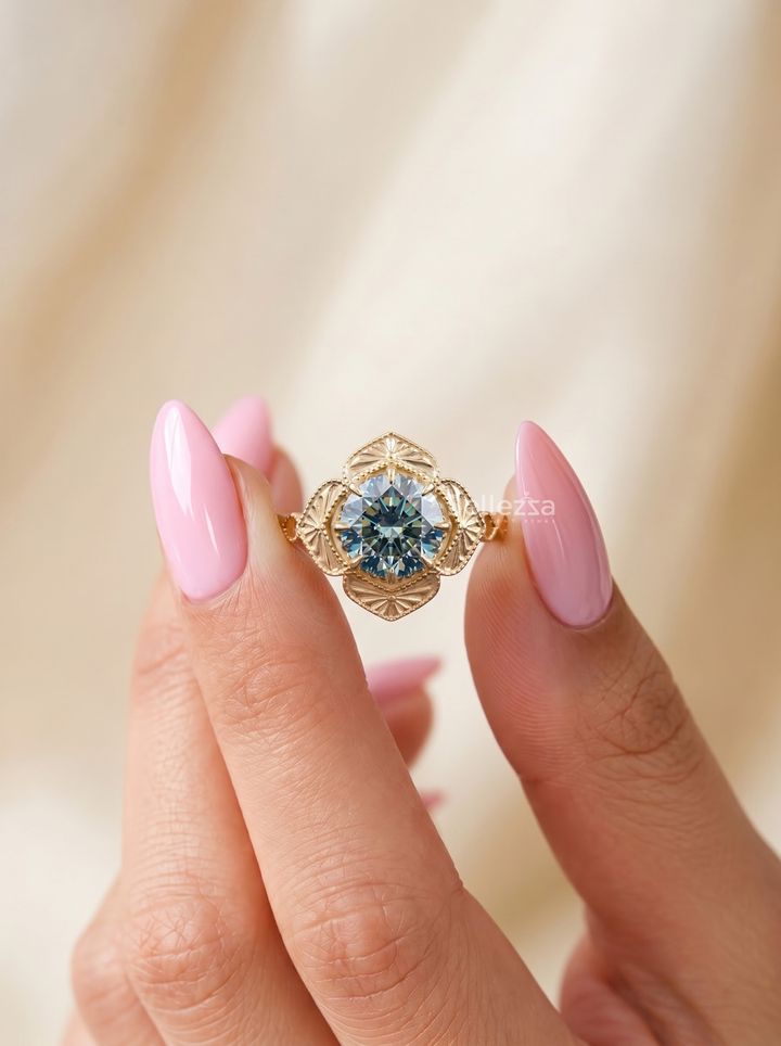 2.0CT Vintage Blue Round Lab Grown Diamond Unique Engagement Ring