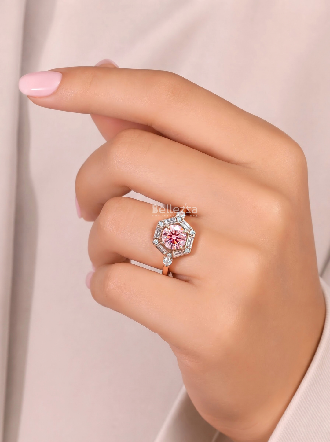 2.0CT Pink Round Lab Grown Diamond Geometric Halo Engagement Ring