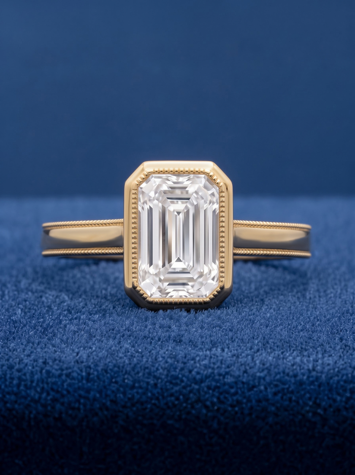 2.0CT Emerald Lab Grown Diamond Bezel Set Milgrain Engagement Ring