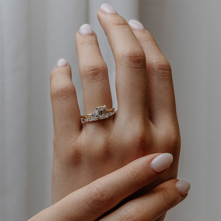 1.47 TCW Emerald & Pear Diamond Two Stone Engagement Ring