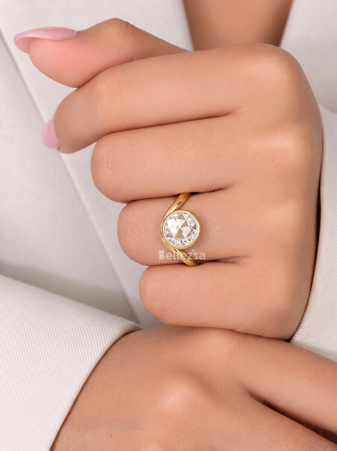 2.0CT Round Lab Grown Diamond Bezel Set Curved Band Engagement Ring